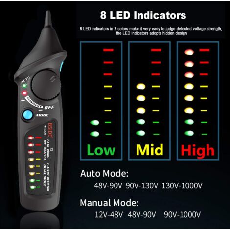 Rilevatore di tensione senza contatto AVD06 Tester di tensione AC NCV 12-1000 V Modalità automatica e manuale Sensibilità regolabile con indicatore LED colorato e torcia