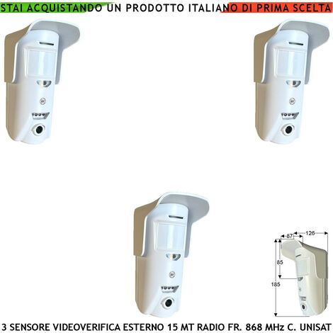 Rilevatore Movimento Doppia Tecnologia Esterno 3 Pezzi 15 Metri Grandangolo o 25 Metri Tenda Telecamera Colori VGA 640X480 Pixel Videoverifica Frequenza 868 MHz Bidirezionale Codice UNISAT Rete GPRS