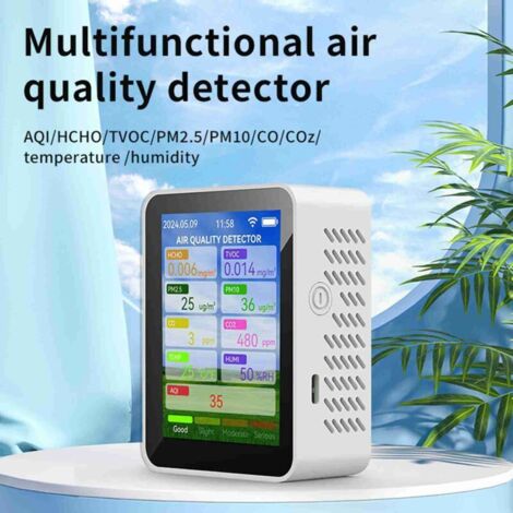 Rilevatore multifunzionale della qualità dell'aria per PM2.5, CO e CO2, con monitoraggio di temperatura e umidità.