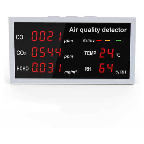 Rilevatore multifunzione 5 in 1 con display a LED: CO, CO2, HCHO, temperatura, umidità, alta precisione, rilevamento rapido. Ideale per uso domestico.