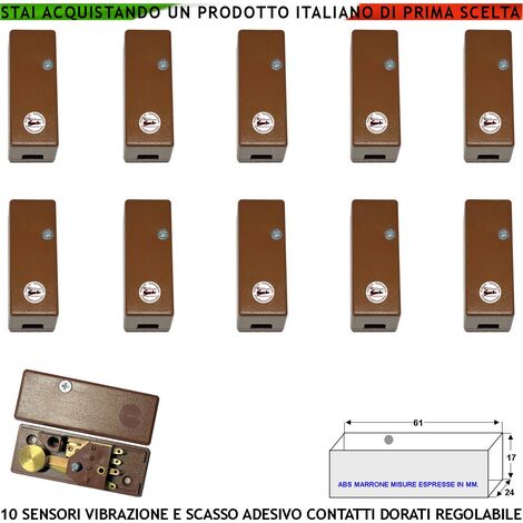 Rilevatore Vibrazioni Continue e Scasso Dieci Pezzi Per Antifurto Via Filo Di Inferriate Porte Allarme Vetrate Martelletto Regolabile Segnale Di Allarme NC Tamper Contenitore Adesivo ABS Marrone IP30