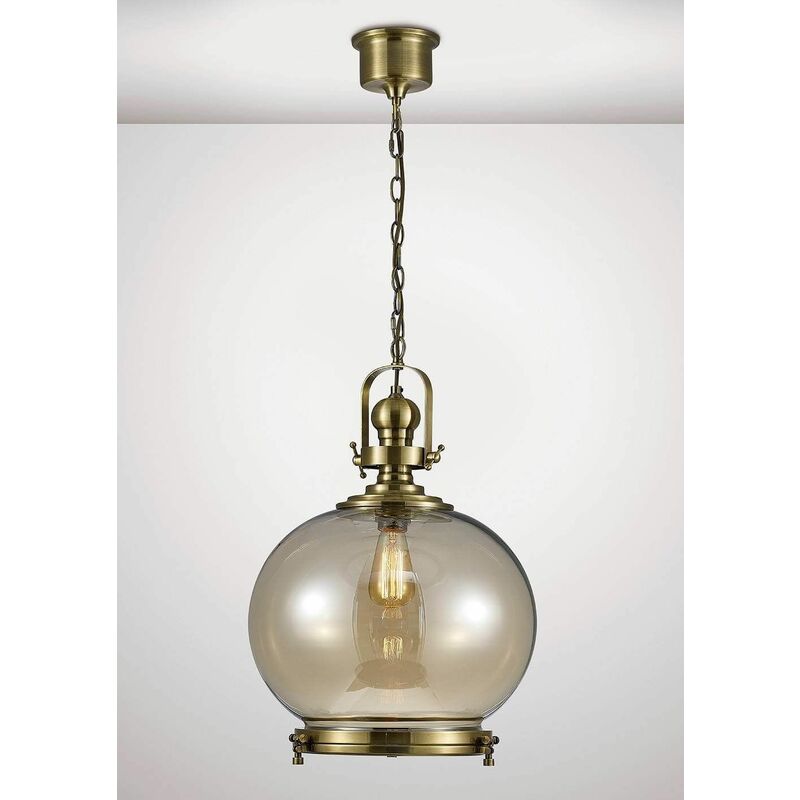 09diyas - Riley Single Large Ball Pendant Light 1 Bulb E27 antique brass / Cognac glass