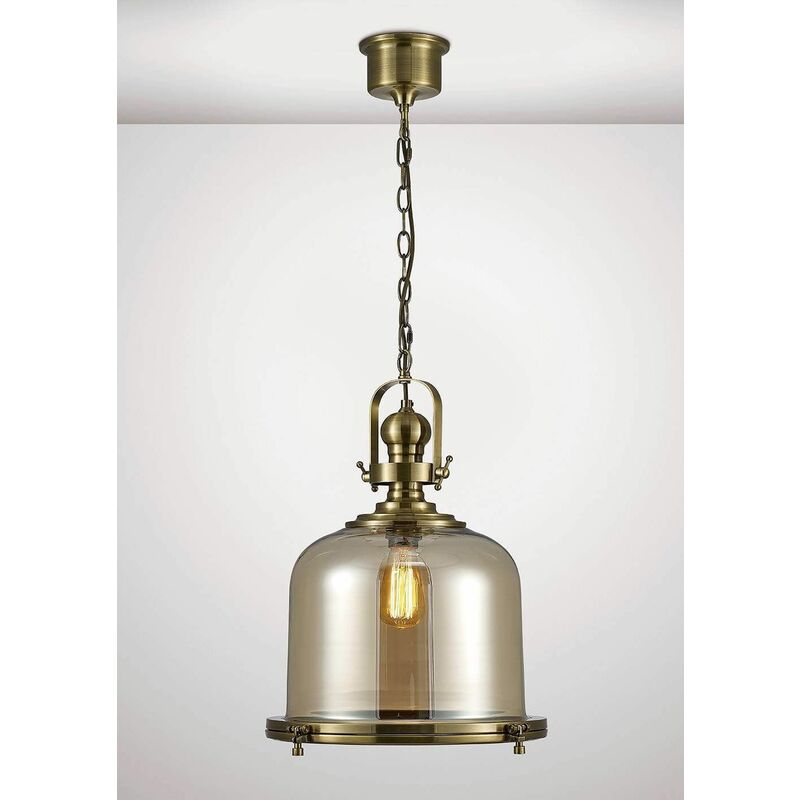 09diyas - Riley Single Large Bell Pendant Lamp 1 Bulb E27 antique brass / Cognac glass