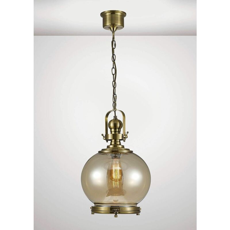 09diyas - Riley Single Medium Ball Pendant Light 1 Bulb E27 antique brass / Cognac glass