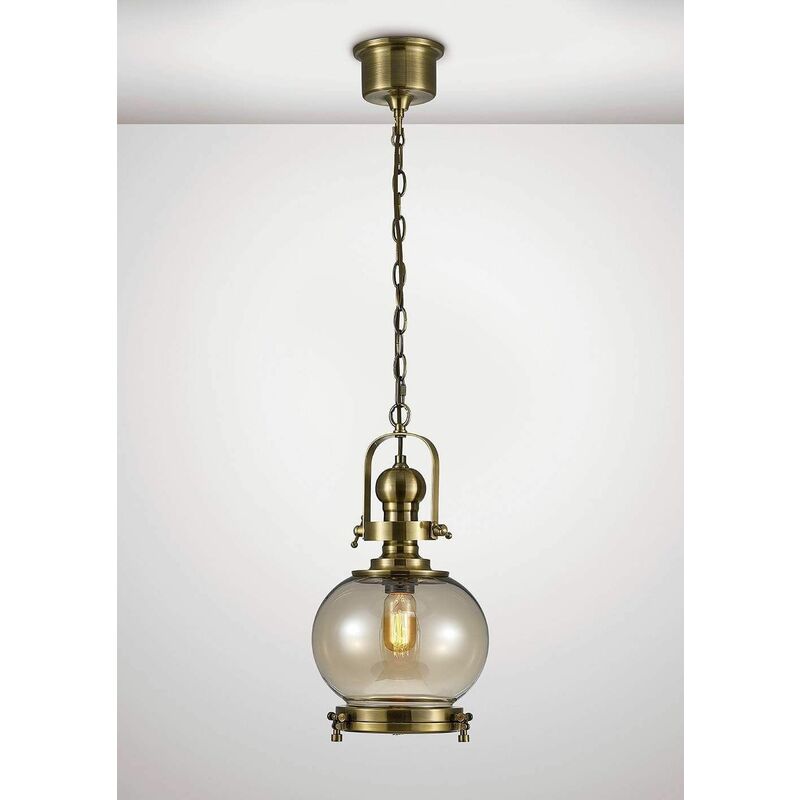 09diyas - Riley Single Small Ball Pendant Light 1 Bulb E27 antique brass / Cognac glass
