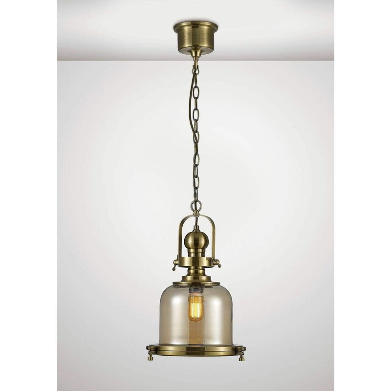 Riley Single Small Bell Pendant Light 1 Bulb E27 antique brass / Cognac glass
