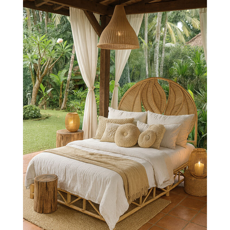 Tête de lit en rotin naturel 160x150 cm – Motif feuilles tressées à la main – Style bohème chic pour chambre apaisante
