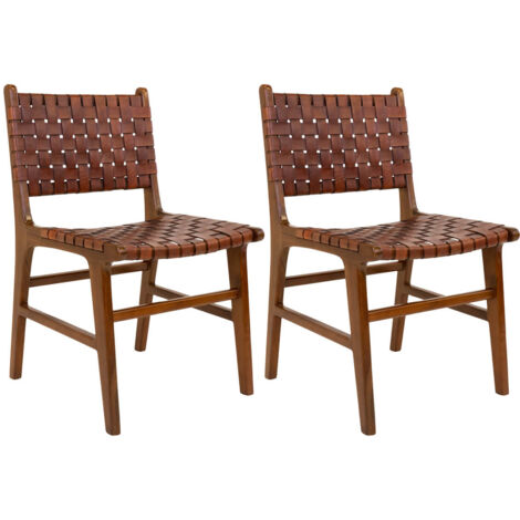 RIMINI - Lot de 2 Chaises en Teck et Lanières Cuir Marron