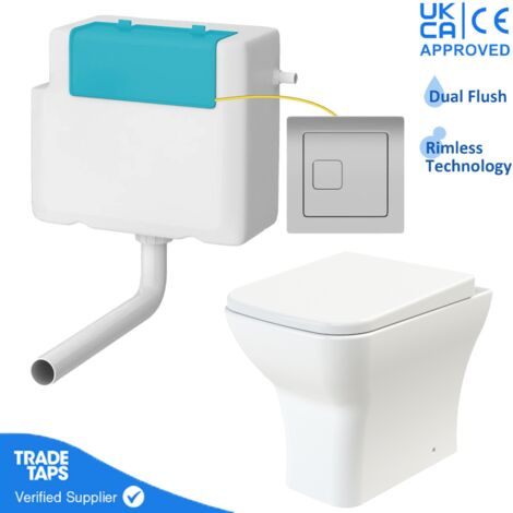 Rimless Back to Wall Toilet BTW Pan Square Soft Close WC Concealed Cistern Flush - Chrome Square