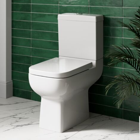 Rimless Close Coupled Bathroom Toilet White Ceramic WC 350mm Rimless Square Pan with Soft Close Seat