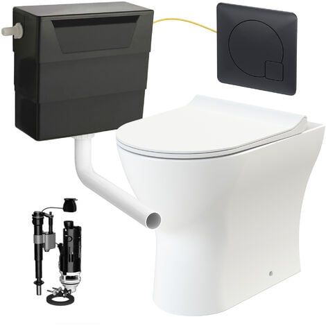 GRAVAHAUS Rimless D Shape Back to Wall Toilet Pan with Soft Close Seat & Concealed Cistern Black Plate Button