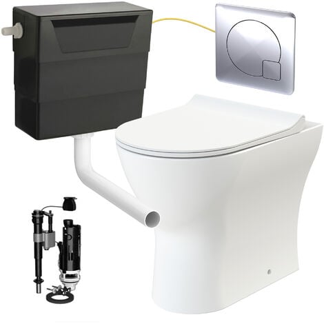 GRAVAHAUS Rimless D Shape Back to Wall Toilet Pan with Soft Close Seat & Concealed Cistern Chrome Plate Button