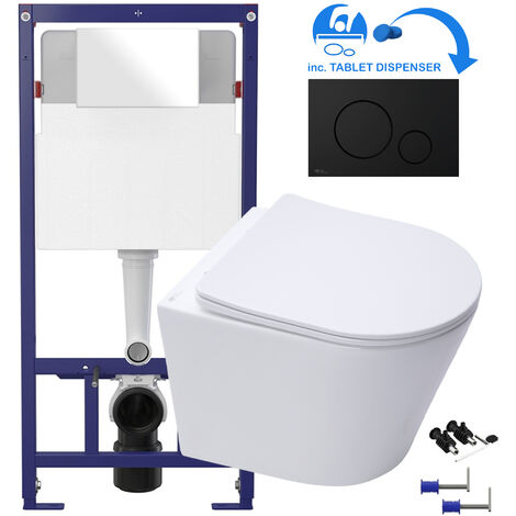 Rimless ECO Wall Hung Toilet Pan, Seat & 1.12m Concealed WC 3-in-1 Cistern Frame inc. Matt Black Flush Plate