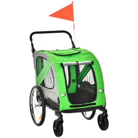 RIMORCHIO BICI E PASSEGGINO PER CANI 2 IN 1 IN ACCIAIO E TESSUTO OXFORD CON CATARIFRANGENTI. VERDE