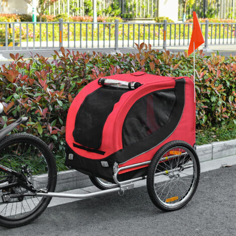 Rimorchio Bici per Cani Taglia Media con Punto di Attacco, Finestre Laterali e Bandierina, Rimorchio per Bici in Acciaio e Tessuto Oxford, 130x73x90 cm, Rosso e Nero