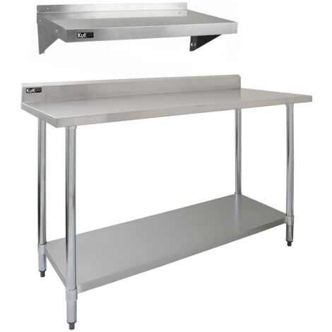 Ripiano con 2 Mensole a Muro per Tavolo in Acciaio Inox da Cucina Ristorante, Acciaio Inossidabile Resistente alla Corrosione per Albergo Bar Hotel Catering Pub Tavolo 150cm Mensole da 125cm