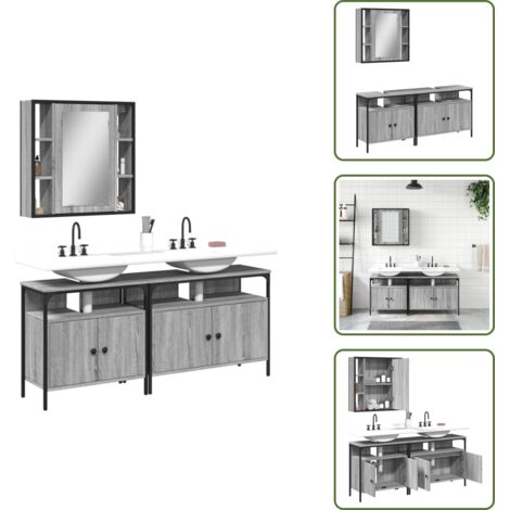 Ripiano da bagno - vidaXL Set Mobili da Bagno 3 pz Grigio Sonoma in Legno Multistrato - Armadietto a specchio
