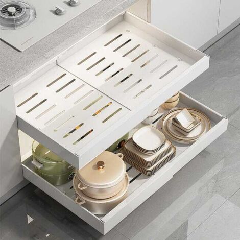 Ripiano estensibile per cassetto da cucina, bianco (32-52 cm) Ripiano estensibile per cassetto da cucina, cestello scorrevole per piatti
