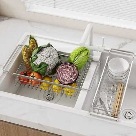 Ripiano estensibile per lavello da cucina in acciaio inox – 40-65×20×9 cm, scolapiatti multifunzionale e scolafrutta/verdura