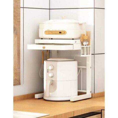 Ripiano portaoggetti per cuociriso, supporto per elettrodomestici da cucina, doppio strato scorrevole, bianco (con porta bacchette + 3 ganci)