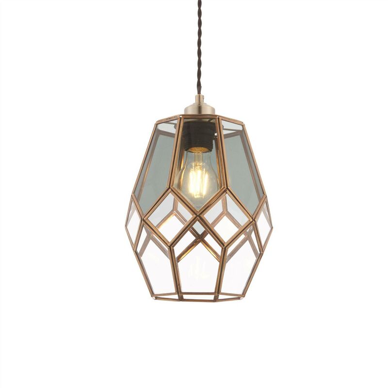 Endon Lighting - Endon Ripley - 1 Light Pendant Antique Solid Brass With, Smoked Glass Detail, E27