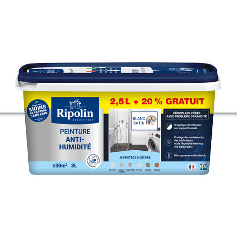 Ripolin – Peinture anti-humidité 2,5L – Satin – Émission de COV 15 g/L – Application sur supports humides – Rendement 30 m² par pot