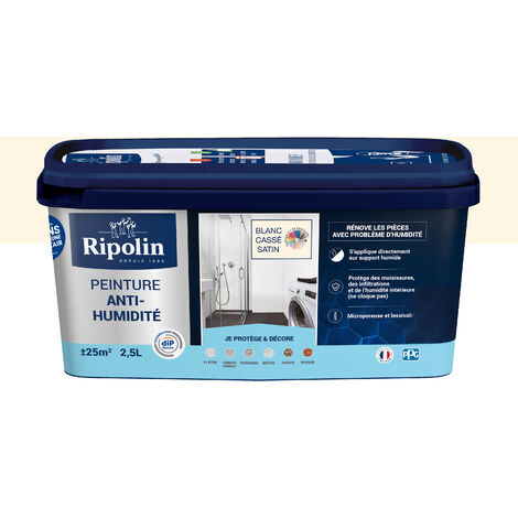 Ripolin – Peinture anti-humidité satinée 2.5L – Blanc cassé – Application sur surfaces humides – Séchage rapide en 2 heures