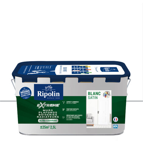 Ripolin – Peinture blanche satin ultra-couvrante 2,5L – Pour murs, plafonds, boiseries et radiateurs – COV A+ – Recouvrable en 12h
