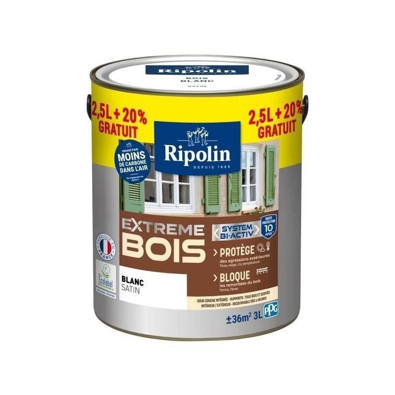 Peinture Bois Satin Haute Protection 10 ans qui Protege et Magnifie vos Bois - Blanc - Ripolin