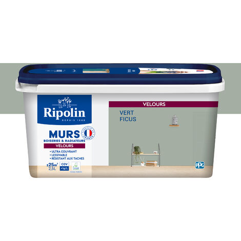 Ripolin – Peinture murale velours 2,5L – Vert ficus – Ultra couvrante pour murs et boiseries – Émissions A+ – Fabriqué en France