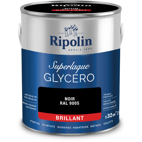 Ripolin – Peinture laque glycéro 2 en 1 brillante 2L – Noir RAL 9005 – Haute résistance chocs et taches – Pour bois et métal