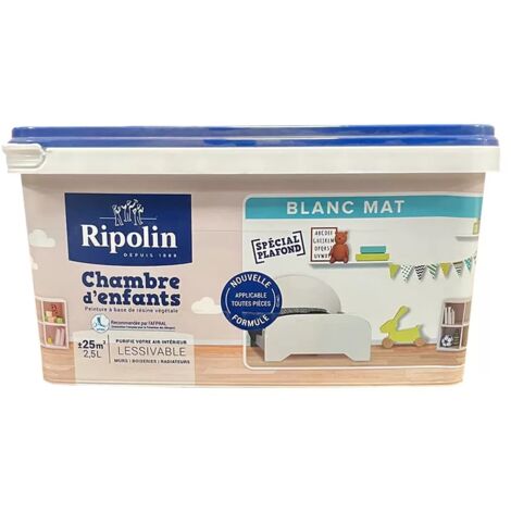 Ripolin – Peinture blanche mur et plafond 2,5 L – Finition mate – Qualité air intérieur améliorée – Temps de séchage rapide pour chambre d'enfants
