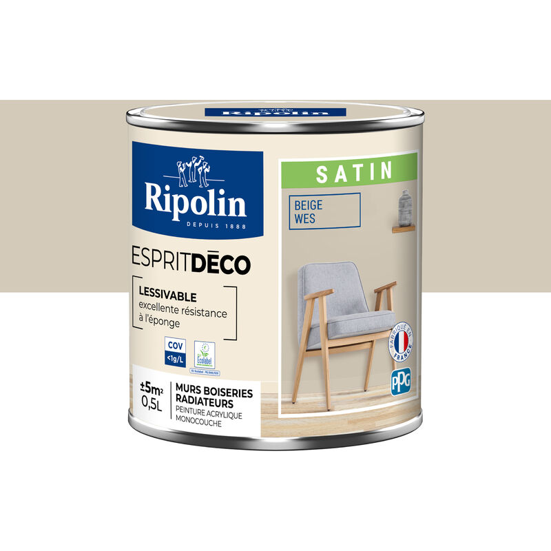 Peinture Murale Toutes Pièces - Satin - 0,5L - Beige Wes Ripolin