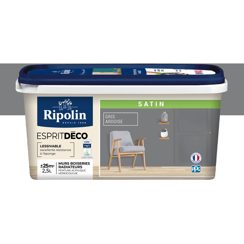 Peinture Murale Toutes Pièces - Satin - 2,5L - Gris Ardoise Ripolin