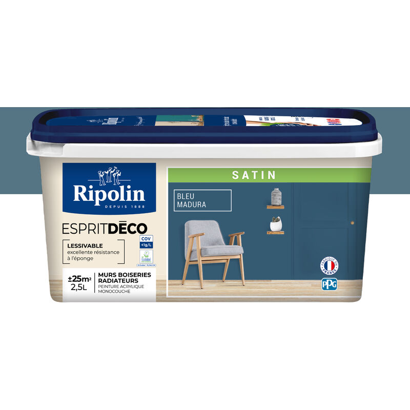 Peinture Murale Toutes Pièces - Satin - 2,5L - Bleu Madura Ripolin