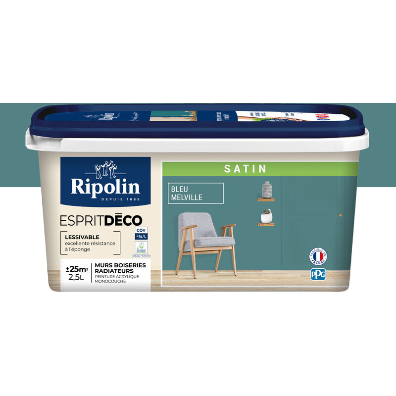 Peinture Murale Toutes Pièces - Satin - 2,5L - Bleu Melville Ripolin