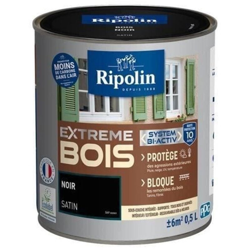 Peinture pour Bois Intérieur et Extérieur - Satin - 0,5L - Noir Ripolin