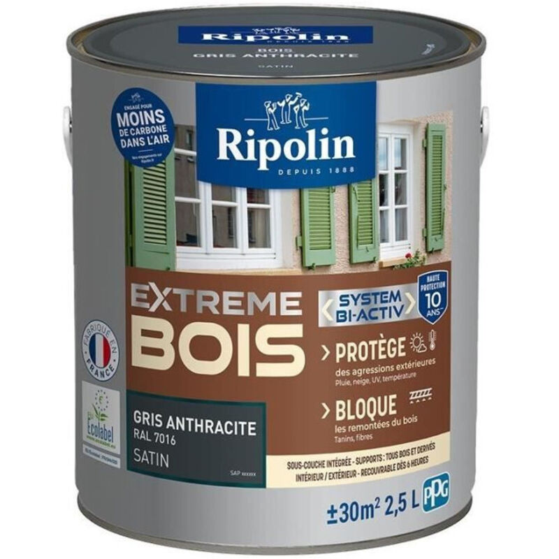 Peinture pour Bois Intérieur et Extérieur - Satin - 2,5L - Gris Anthracite Ral 7016 Ripolin