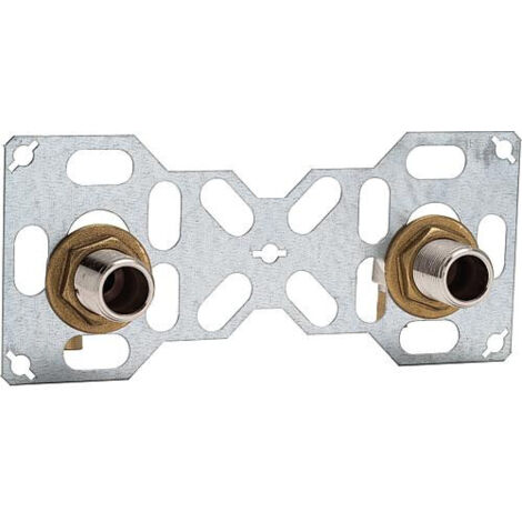 Riquier – Platine double robinetterie murale – Entraxe 150 mm – Perçages fixations Ø 8 mm – Raccords coudés mâle 3/4" – Fixation solide