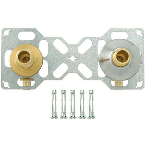 Riquier – Platine double robinetterie murale – Fixation à glissement pour cloison creuse – Acier galvanisé et laiton chromé – Entraxe 150 mm