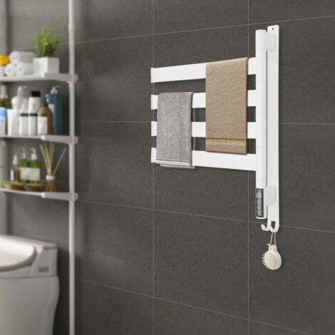 Riscalda asciugamani elettrico con ripiano di deposito, riscaldatore bagno elettrico, rotazione 180° portasciugamani riscaldatore con timer e termostato