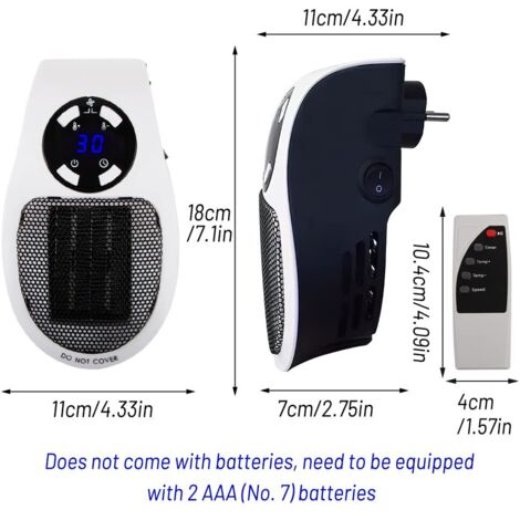 Riscaldatore elettrico da 500 W, mini riscaldatore elettrico con presa FainFun, termoventilatore da parete con telecomando, termoventilatore elettrico da 500 W con 2 velocità dell'aria, termostato
