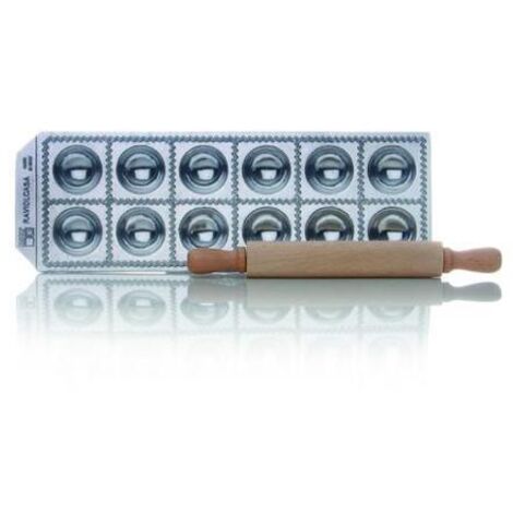 Risoli' Raviolcasa Stampo Per Ravioli 12 Fori In Alluminio Pressofuso Con Mattarello In Legno Made In Italy