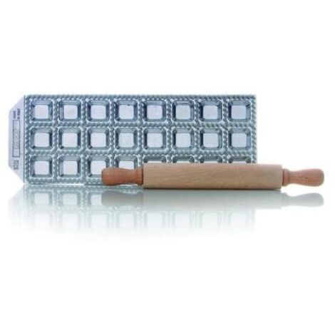 Risoli' Raviolcasa Stampo Per Ravioli 24 Fori In Alluminio Pressofuso Con Mattarello In Legno Made In Italy