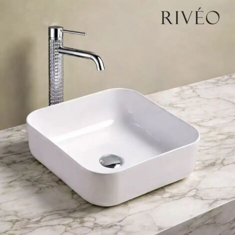 Riveo – Vasque à poser carrée blanche 38,5 × 38,5 cm – Avec bonde chromée incluse