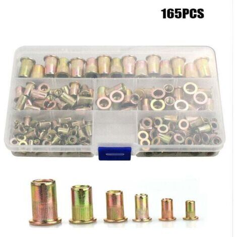 Rivet Écrou,Inserts Filetés Écrou Acier au Carbone Plaqué au Zinc dans Boite en Plastique M3 M4 M5 M6 M8 M10 M12 166 pièces,