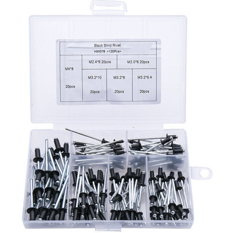 Rivet Noir 120 Pièces Rivets Aveugles Rivets avec Boîte Rivet Aluminium Rivet Pop Rivets Pop Assortiment Rivets Ouverte Ronde Rivets Aveugles en Aluminium Rivets à Tête Dôme pour Métal