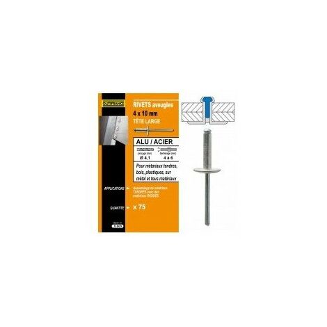 rivets alu / acier tete large désignation 1000 rivetsø rivet x longueur 4,8 x 16 mmepaisseur à sertir 10,0 à 12,0 mmø couronne 1