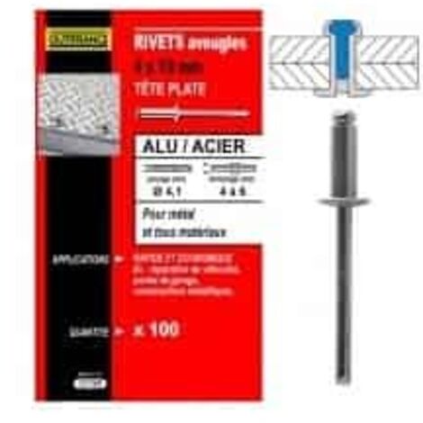 rivets alu / acier tete plate désignation 1000 rivetsø rivet x longueur 3,2 x 6 mmepaisseur à sertir 1,5 à 3,5 mmø couronne 6,5