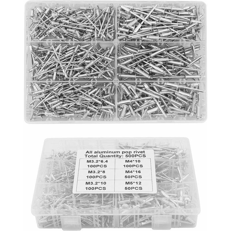 Famille - gabrielle Rivets aveugles, 500 pcs M3.2 M4 M5 Rivets aveugles en aluminium Rivets pop en aluminium Rivets assortis avec boîte pour métal,